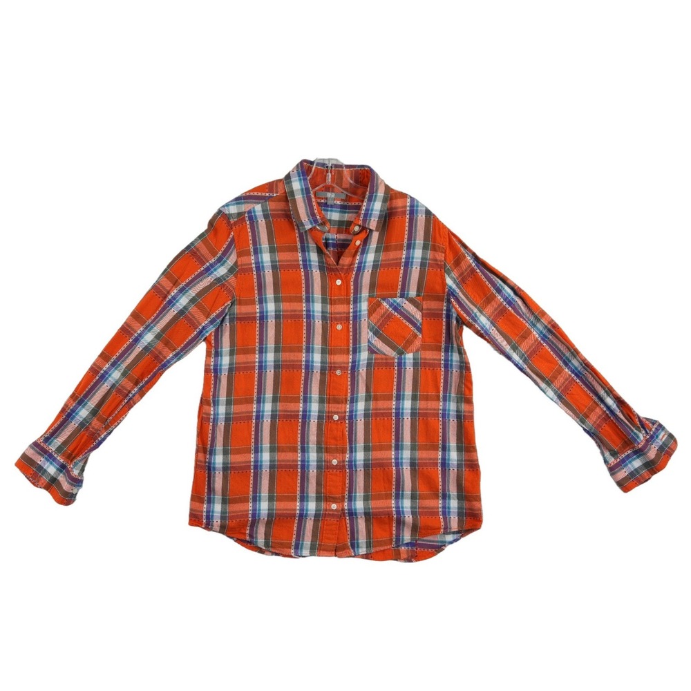 Uniqlo Button Up Shirt Men's Size Large Orange Plaid 100% Cotton Top
